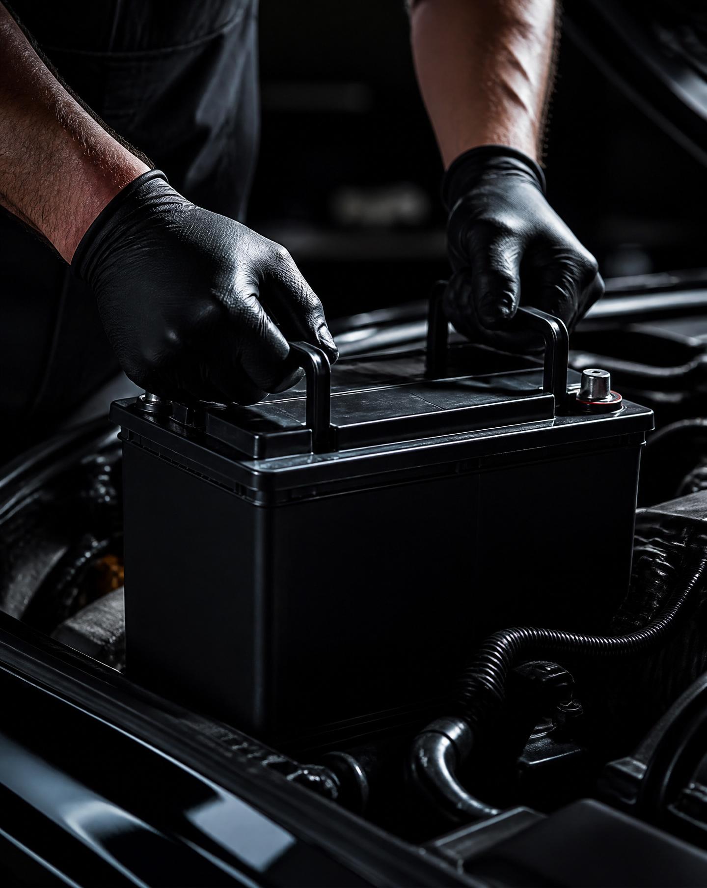 Technician installing a premium vehicle battery